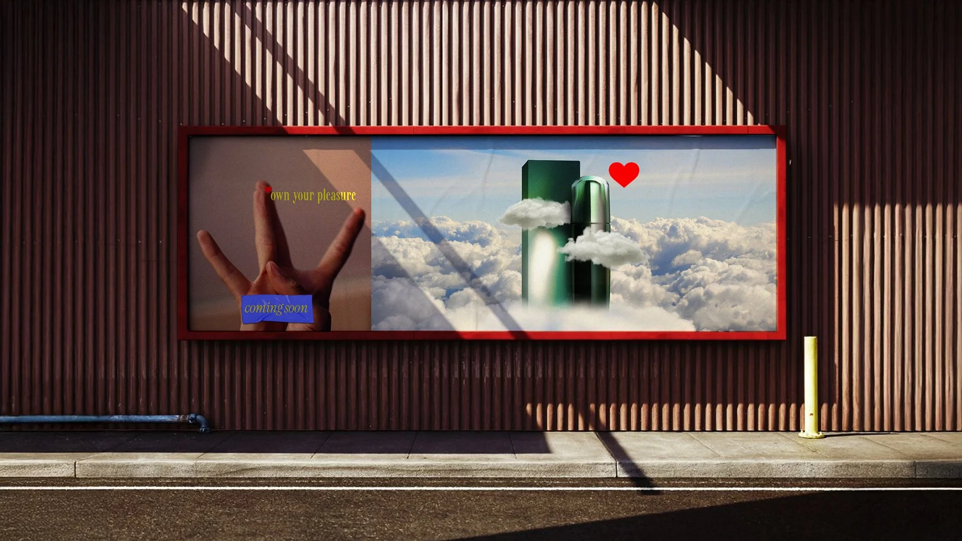 Werbetafel mit einer Hand, die Peace-Zeichen macht, und einem Text, der sagt "own your pleasure" und 'coming soon', sowie ein Bild von Solarzellen in Wolken mit einem roten Herz darüber.