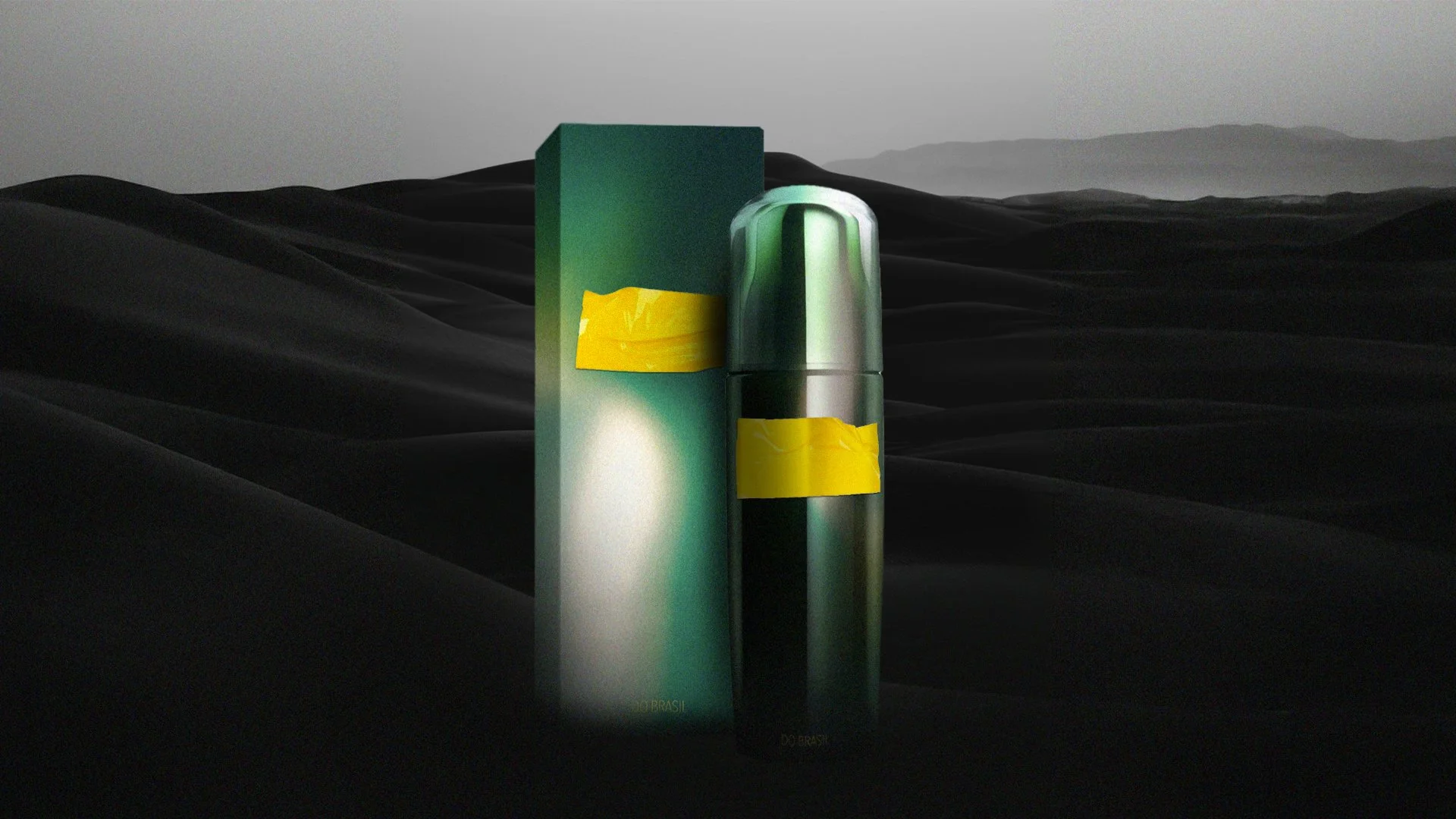 Düsterer Hintergrund mit schwarzen, wellenförmigen Formen und einem nebligen Himmel. Im Vordergrund zwei Produktverpackungen, eine größere und eine kleinere, beide grün mit gelbem Etikett.