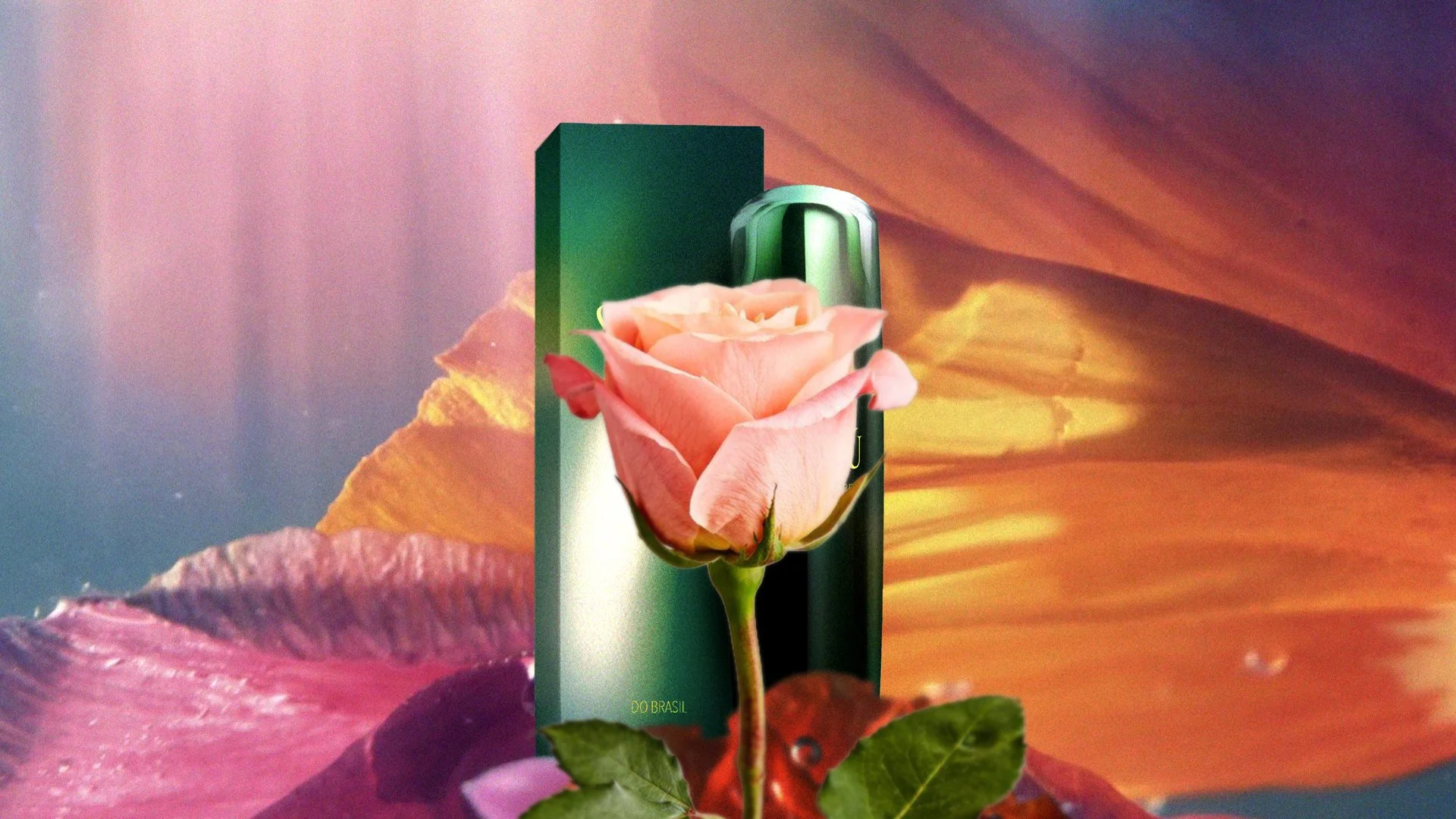 Eine Kamera ist hinter einer rosa Blume versteckt, mit einem Hintergrund aus bunten Blumen und Himmel.