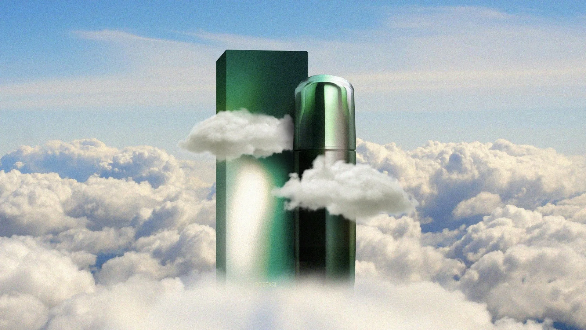 Ein modernes Aerosol-Spray in einer Wolkenlandschaft. Das Spray ist in Metalloptik gestaltet und schwebt zwischen Wolken in der Luft.