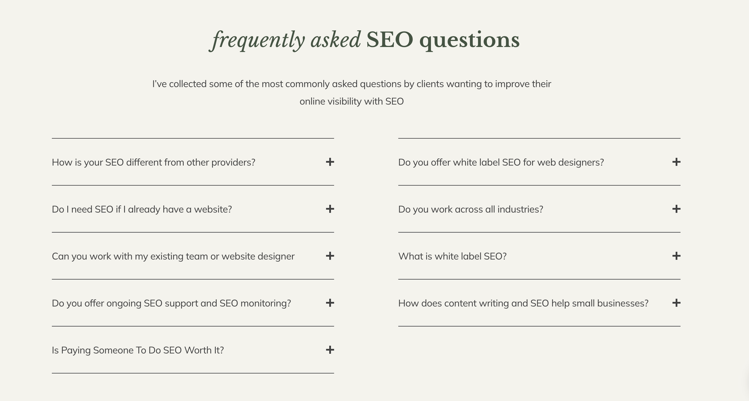 screenshot of seo faq section on clareashbrook.com homepage