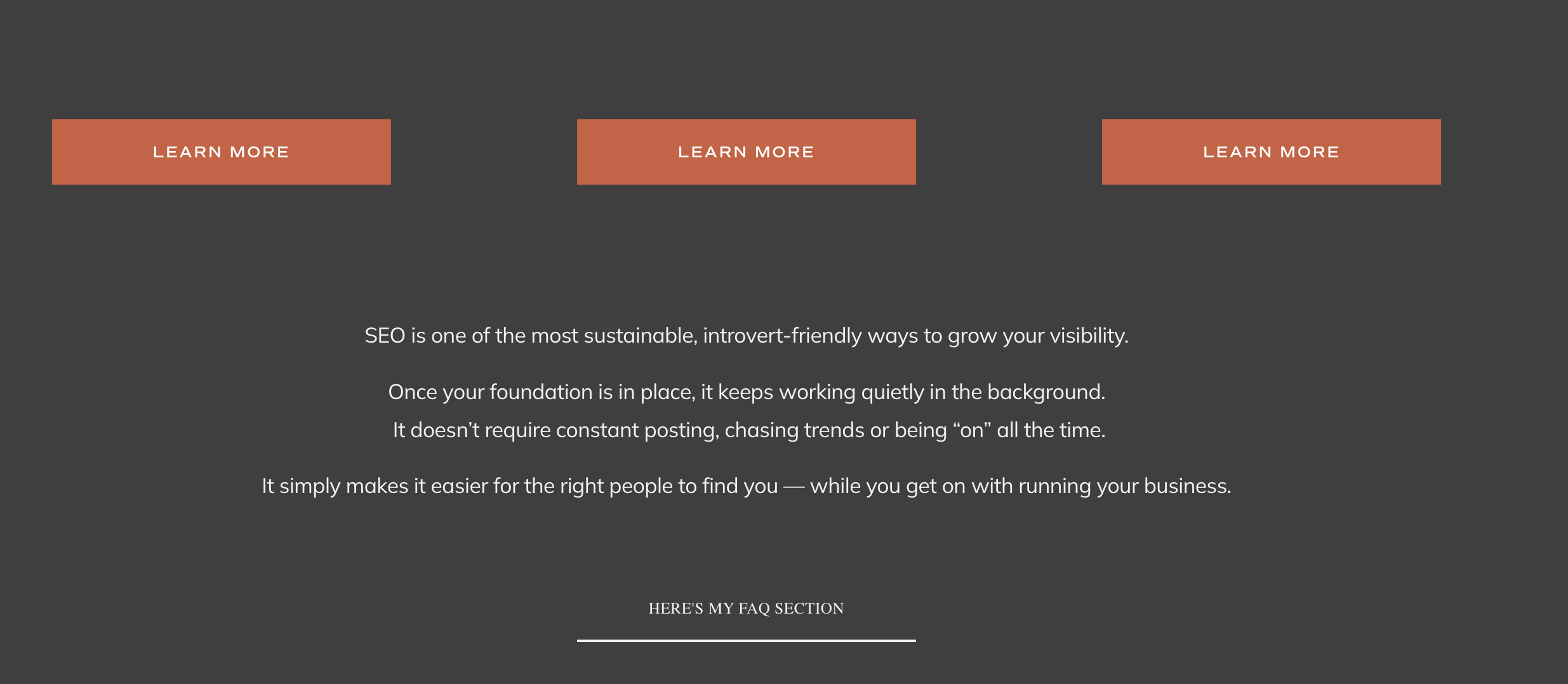 screenshot of home page with anchor link about FAQ