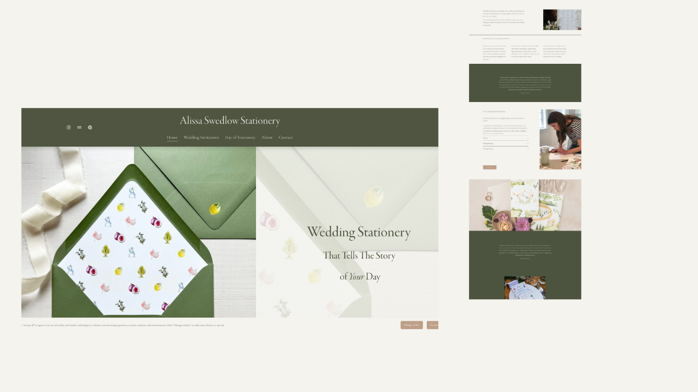 Screenshot of a wedding stationery website featuring green and white envelopes and cards with floral patterns, titled 'Wedding Stationery' by Alissa Swedlow Stationery.