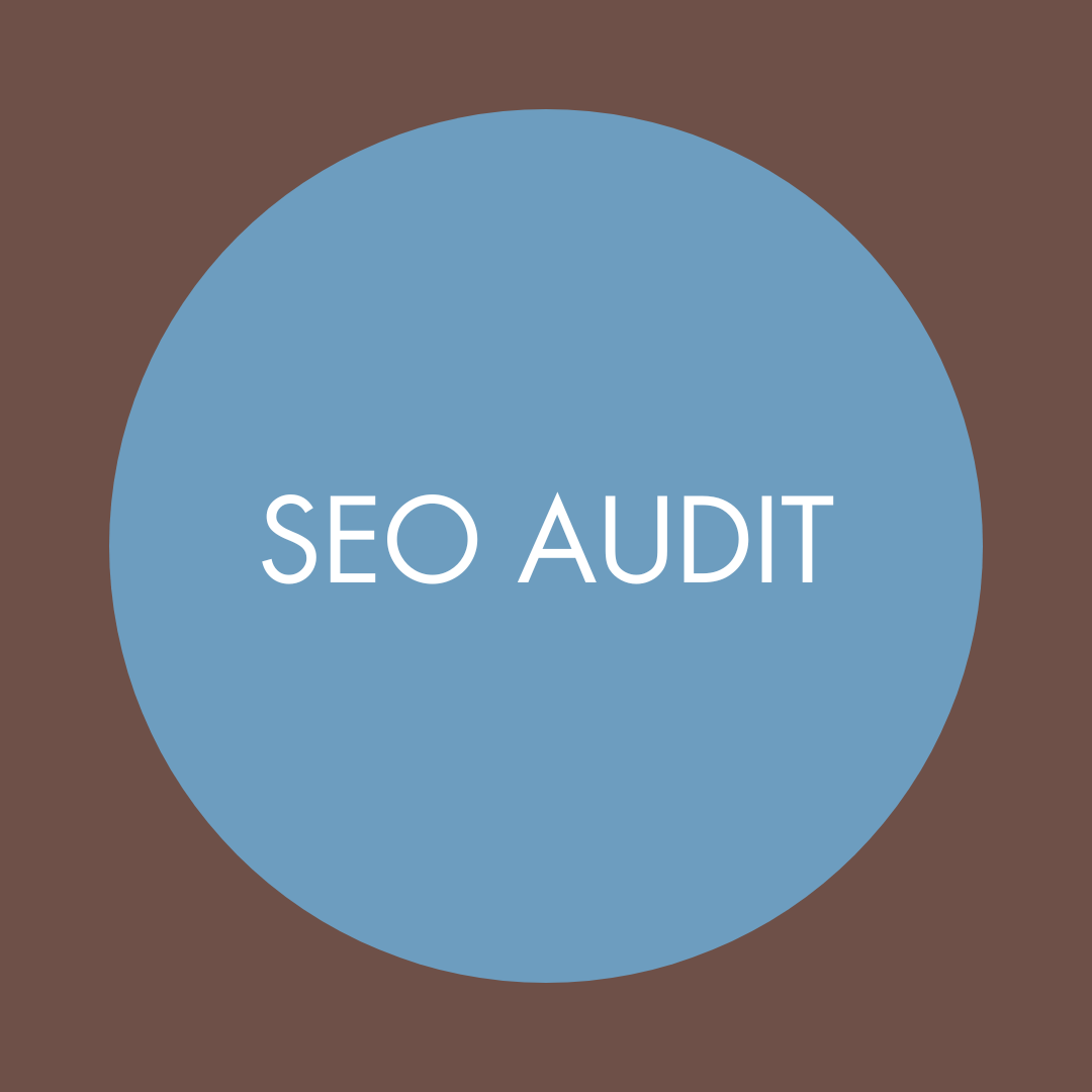 Text reads 'SEO AUDIT' inside a blue circle on a brown background.