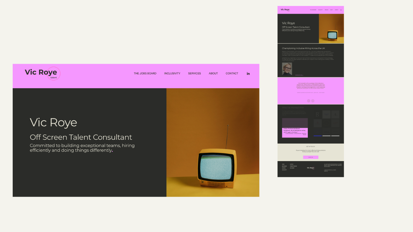 Screenshot of a personal website for Vic Roye, an Off Screen Talent Consultant, with a pink header containing navigation links, a black and yellow vintage television set, and introductory text about building exceptional teams.
