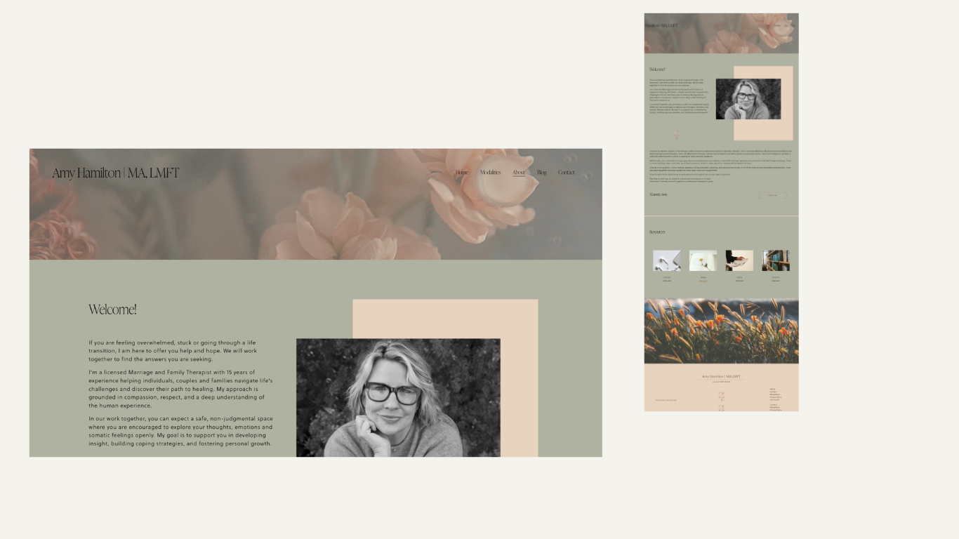 Screenshot of a personal webpage for Amy Hamilton, a licensed marriage and family therapist. The page features a welcome message, a portrait of Amy, and a soft, floral-themed design with a green and beige color palette.