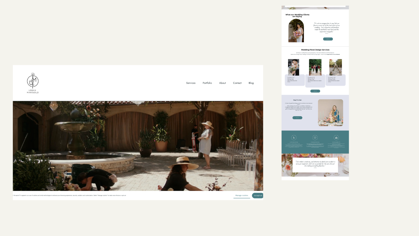 Website screenshot showing a wedding or event planning service, with images of a garden venue, floral arrangements, and people preparing the venue.