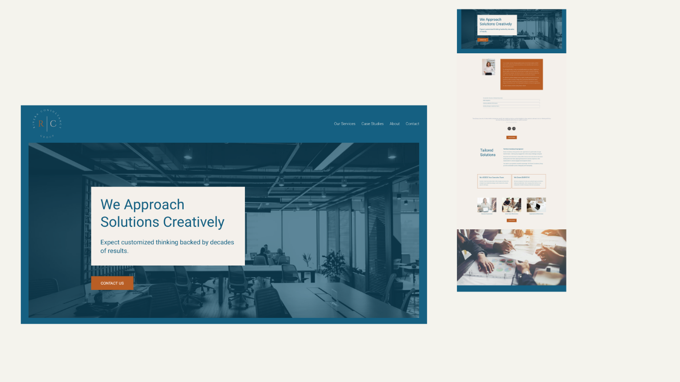 Screenshot of a creative solutions company's website homepage with a blue and white color scheme, featuring a large header image of an office space and a white text box with the heading "We Approach Solutions Creatively", an orange "Contact Us" button, and navigation menu options including Our Services, Case Studies, About, and Contact.