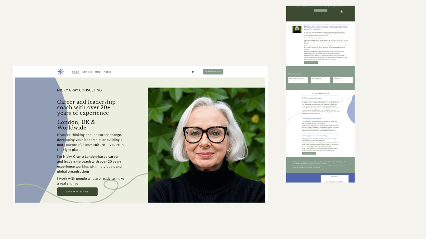 Screenshot of a consulting website featuring a woman with white hair and glasses, with a green leafy background, and text about career and leadership coaching.