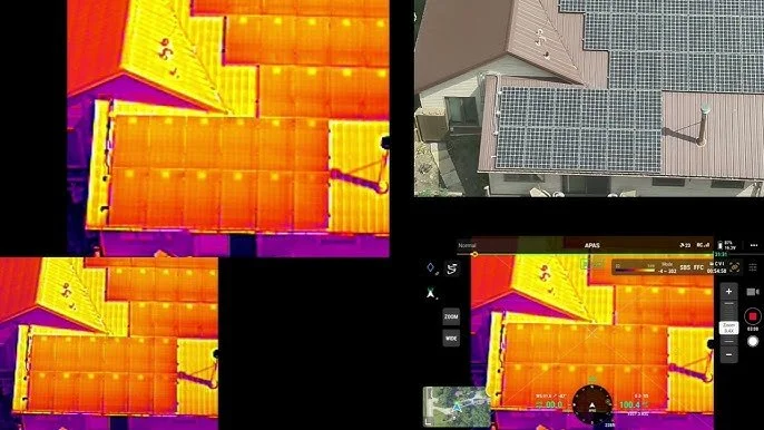 Thermal image of industrial buildings with solar panels on roofs to identify anomalies and defects for insurance and warranty claims performed by a drone for aerial thermal inspections with IR and RGG imaging by a certified thermographer and part 107