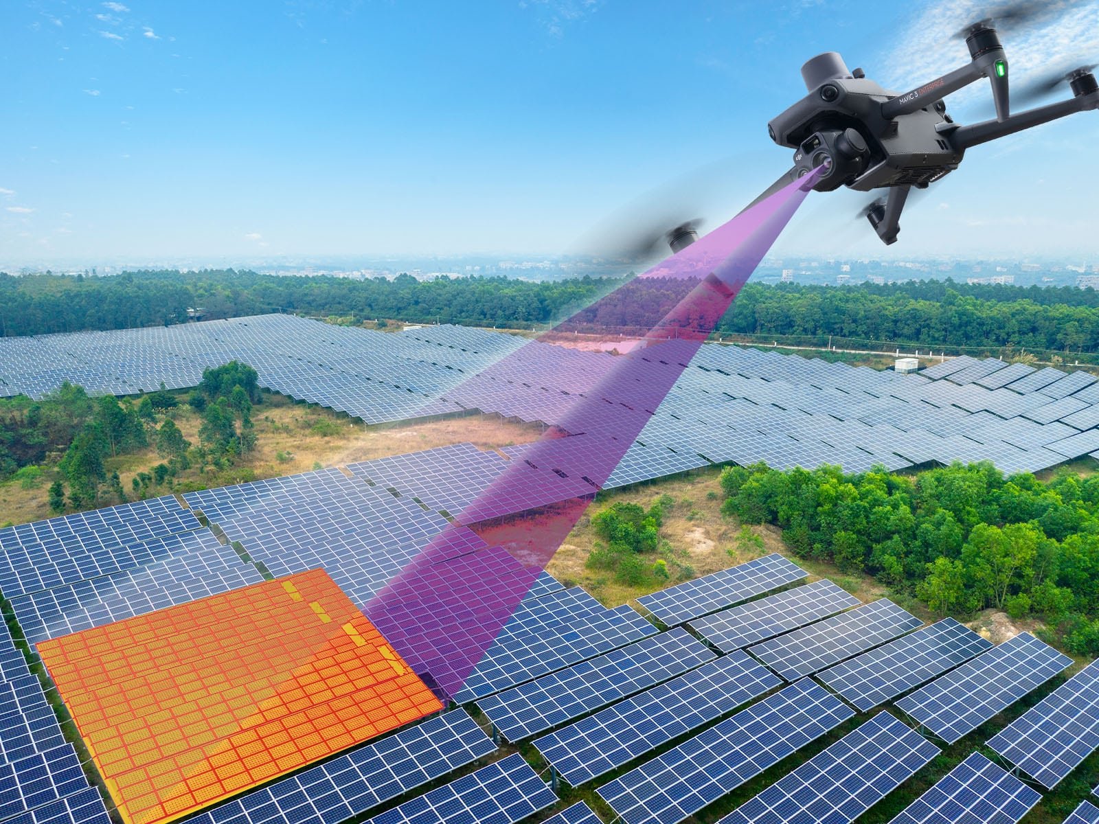 Aerial drone scanning a large solar panel farm in a field with trees, under a clear blue sky in Maine or New England or anywhere in the USA with a thermal IR drone Matrice 4T