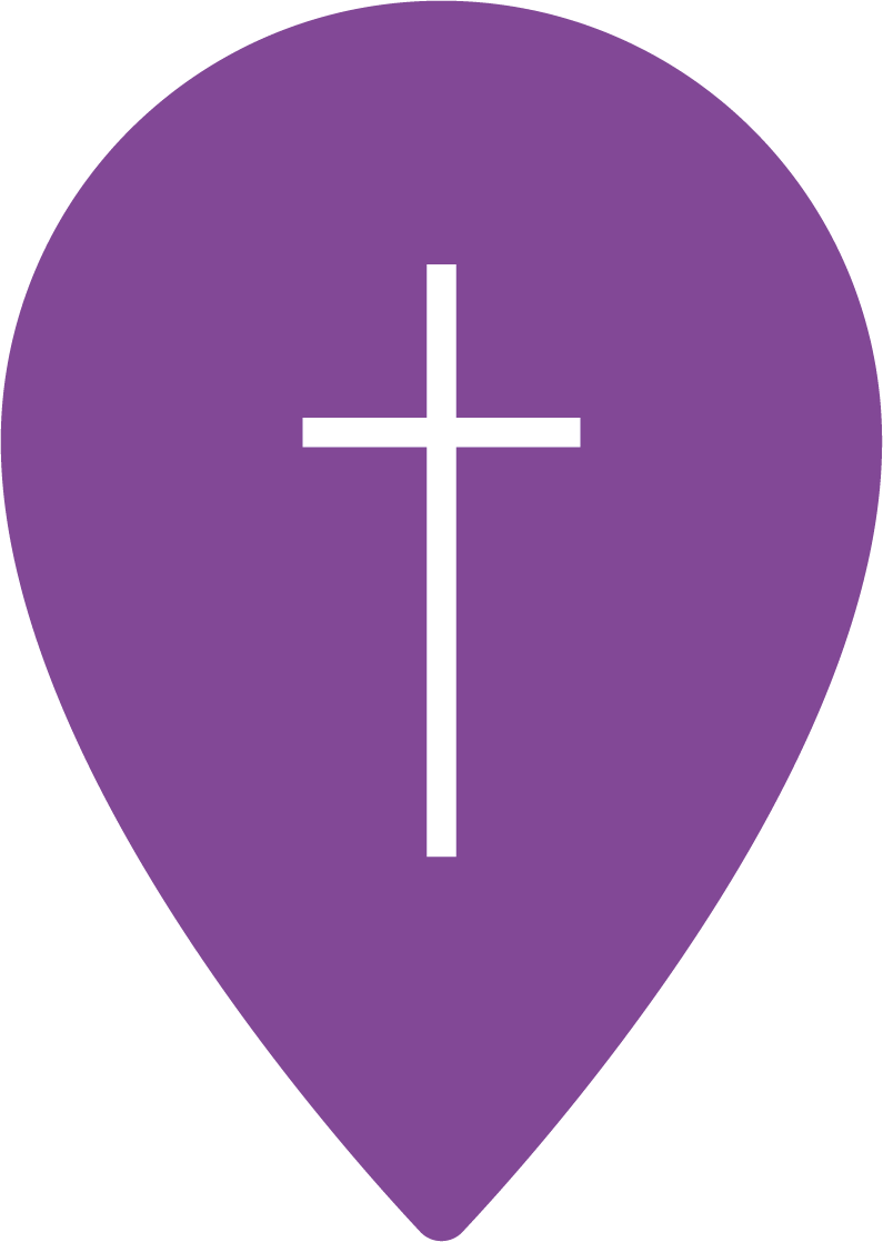 Marcador de mapa morado con una cruz blanca en el centro.