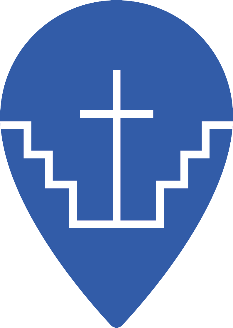 Logotipo azul con una calavera pixelada y una cruz en el centro.