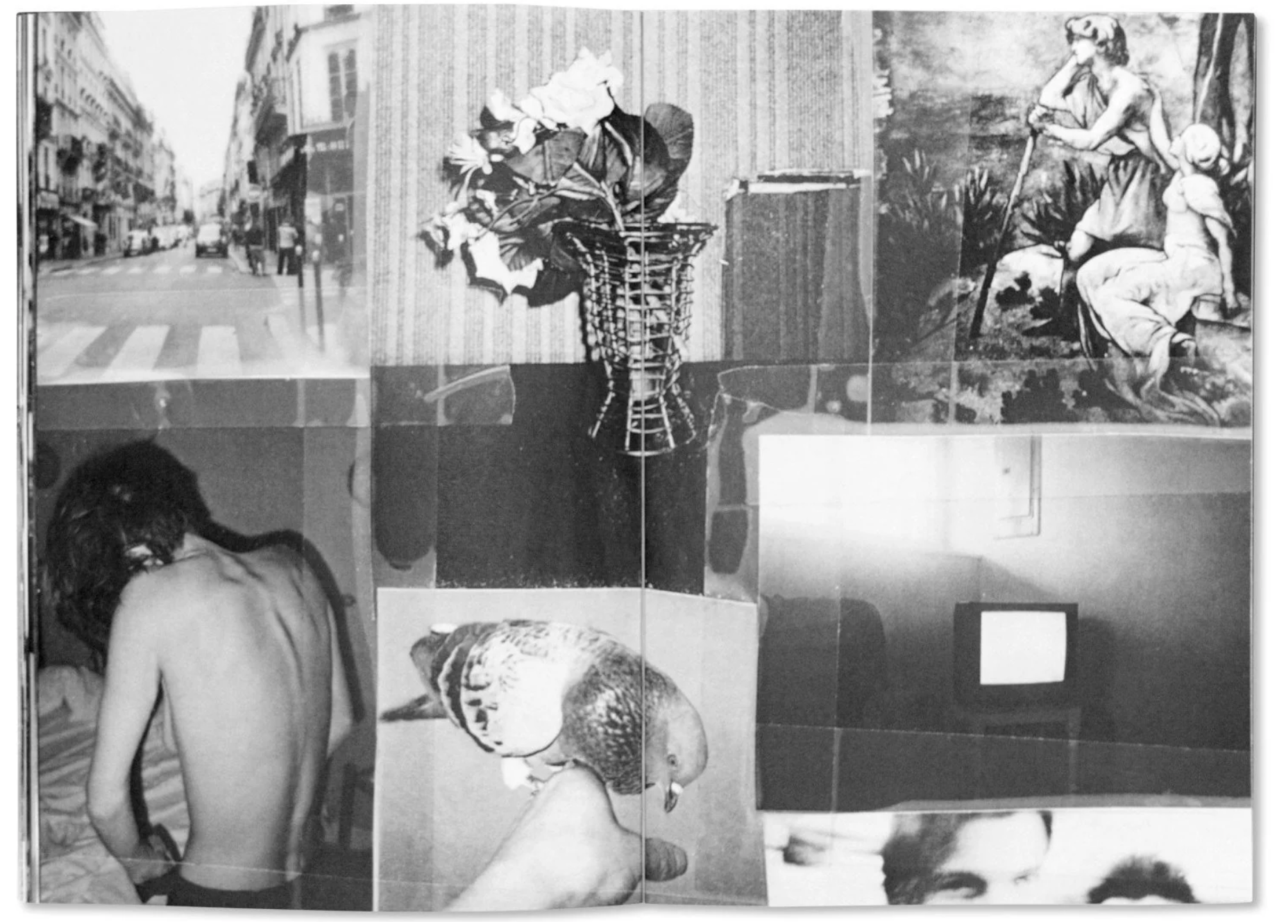 Collection of black and white photographs and art prints. Top left shows an urban street scene with cars and pedestrians. Top middle depicts a person with a bicycle riding through a doorway or arch. Top right features a classical painting of two women, one sitting and the other lying down. Bottom left shows a woman with long hair, topless, with her back to the camera. Bottom middle is a photo of a bird's head and beak close-up. Bottom right is a plain surface with a small square object or opening. There are various textures and artistic styles throughout.