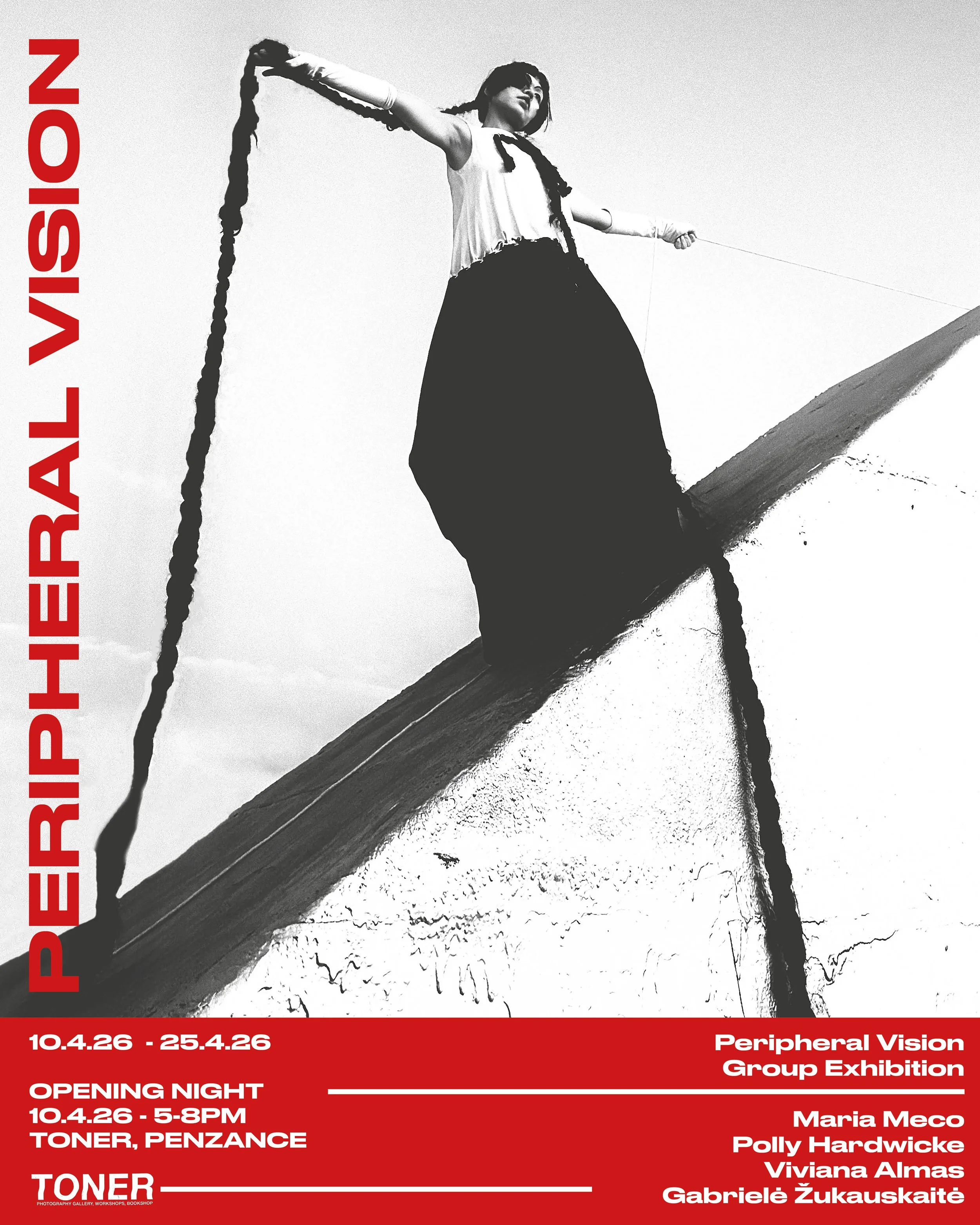 A black and white photo of a girl standing on a sloped rooftop holding a rope in each hand, with her arms extended outward. Text on the left side in red says 'PERIPHERAL VISION,' and a red band at the bottom contains exhibition details, including dates and location.