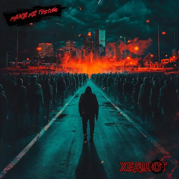 A person stands alone in the center of a dark city street, facing a large crowd of people, with a fiery explosion and burning cityscape in the background, and fiery debris in the sky.