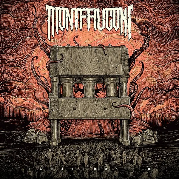 An album cover with the band name 'Moonfaucun' at the top and the album title 'Earthcrusher' at the bottom. The artwork features a large stone structure resembling a Greek temple, surrounded by tentacle-like vines and a background of volcanic eruption or explosion with smoke and fiery colors. There are skulls on either side of the foreground, and a crowd of people at the bottom.