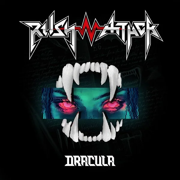 Album cover art for 'Dacula' by RUSH ATTACK, featuring a stylized skull with vampire-like fangs and glowing red eyes, and a face with cyan and pink digital effects, set against a dark background with text in a bold, metallic font.