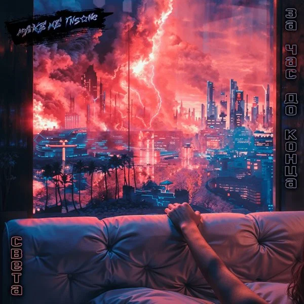 Person sitting on a couch looking out a large window at a futuristic cityscape on fire with lightning in the sky and smoke, with text on the sides reading 'Inhale the Insane', '3D 420', '10 KOHOA', and 'Cbetta'.
