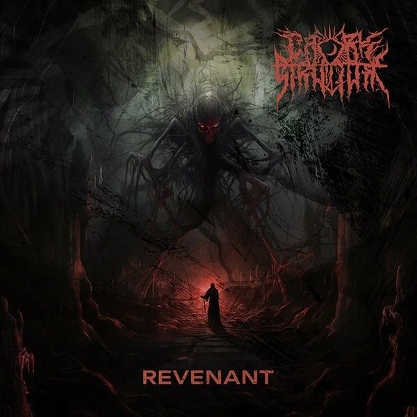 Dark fantasy artwork with a menacing, giant creature with glowing red eyes and a sinister face looming over a small figure in a dark forest, with the word 'Revenant' at the bottom and a red logo at the top right.