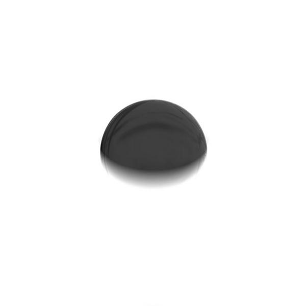A close-up of a black, rounded object on a white background.
