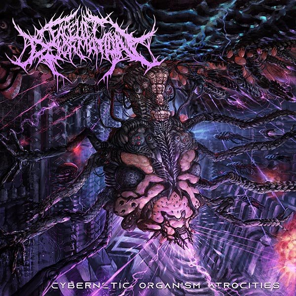 Abstract, dark sci-fi artwork featuring a biomechanical creature with multiple limbs and intricate details, within a cybernetic environment, accompanied by stylized purple and white text at the top and bottom.