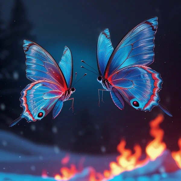 Two blue butterflies with red and black markings hovering over flames.