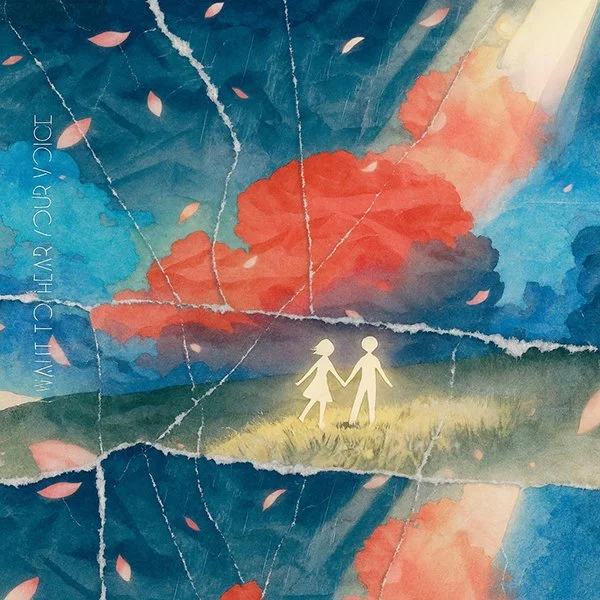 A painted illustration of a boy and girl holding hands in a grassy field with a colorful sky and clouds in the background.
