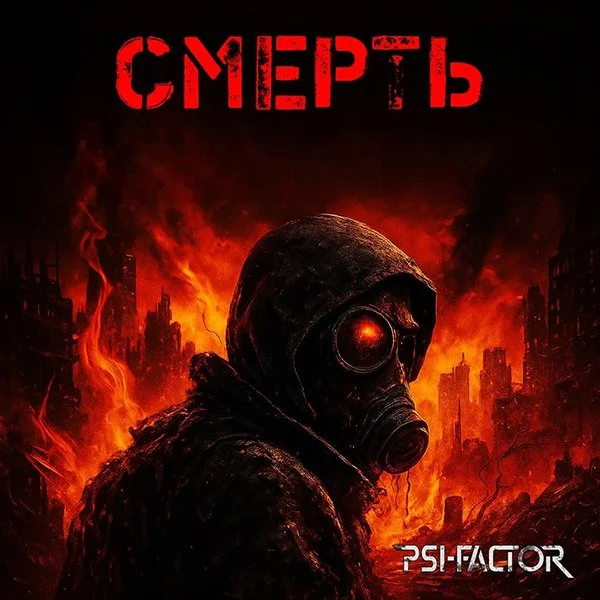 A dark, humanoid figure wearing a gas mask with glowing red eyes, standing against a fiery, apocalyptic cityscape with burning buildings and smoke. The text in Russian reads 'Смерть' (Death) at the top and 'Psi-Factor' at the bottom.