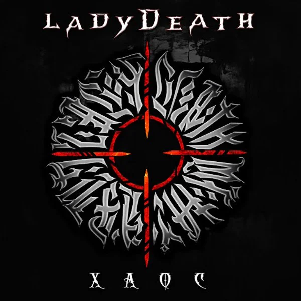 Album cover for Lady Death's 'XAOX', featuring a black background with a red crosshair in the center and stylized silver Gothic text forming a circular pattern around it.
