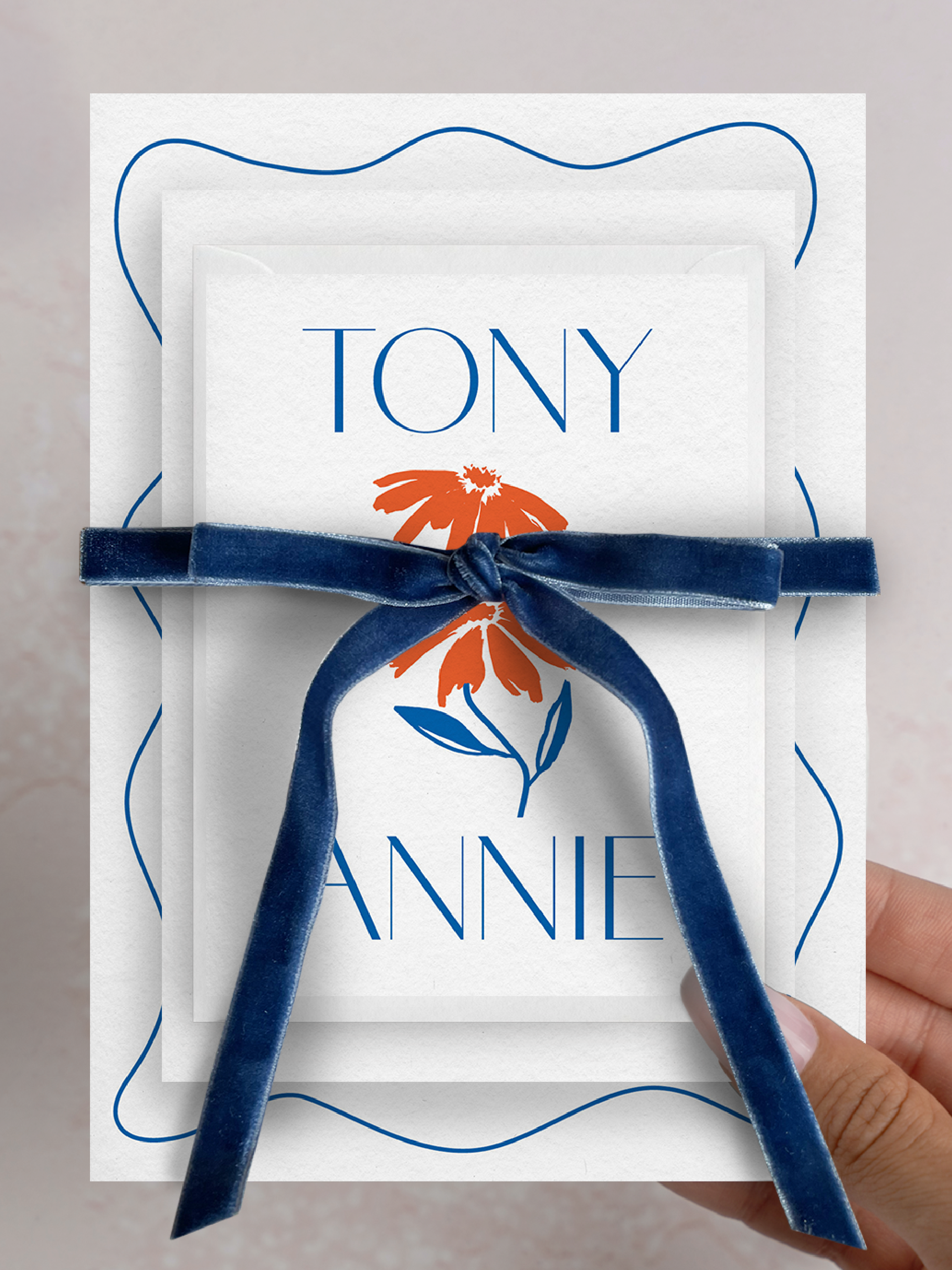 Semi-custom invitation with modern typography on a blue minimalist wavy border design