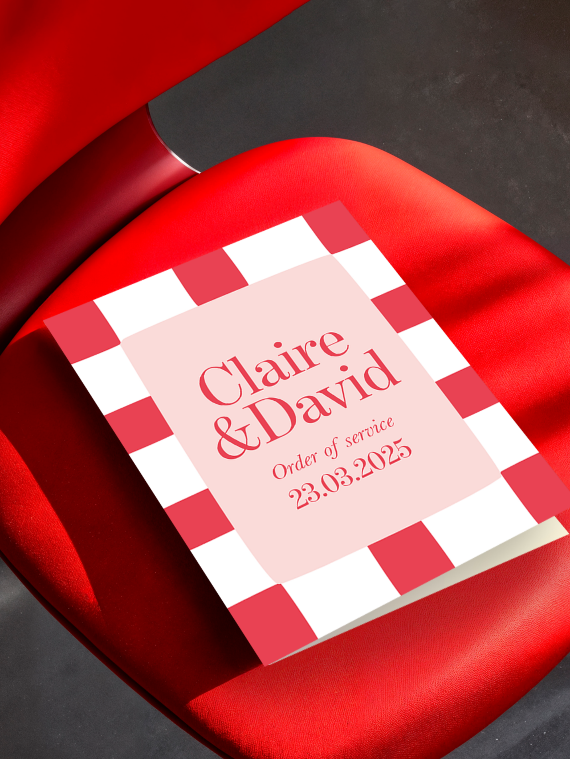 Modern, red checkered, semi-custom order of service in pink and red