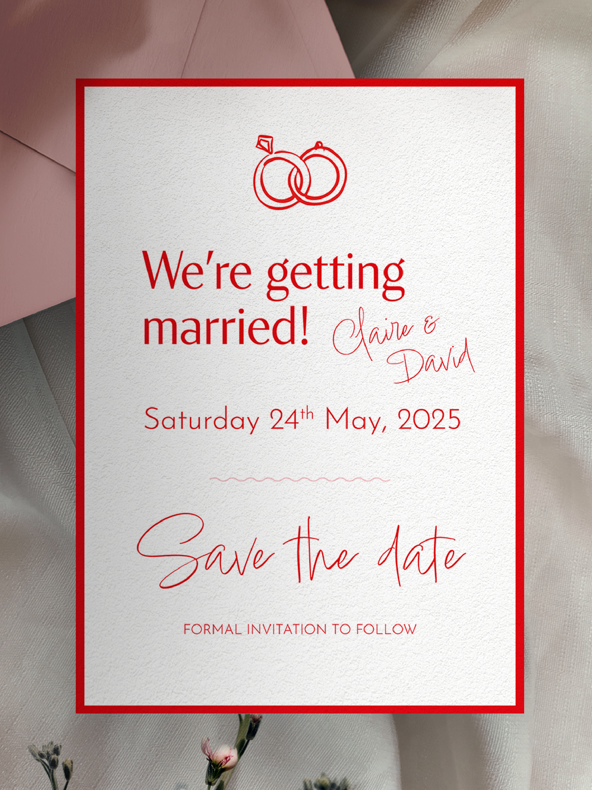 Semi-custom save the date with hand drawn illustration on a modern, minimalist red themed design