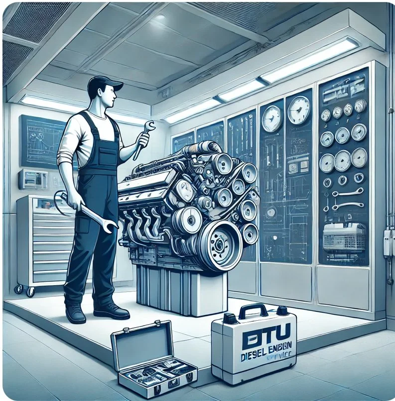 Technician inspecting a diesel engine in a high-tech workshop with tools and diagnostic equipment.