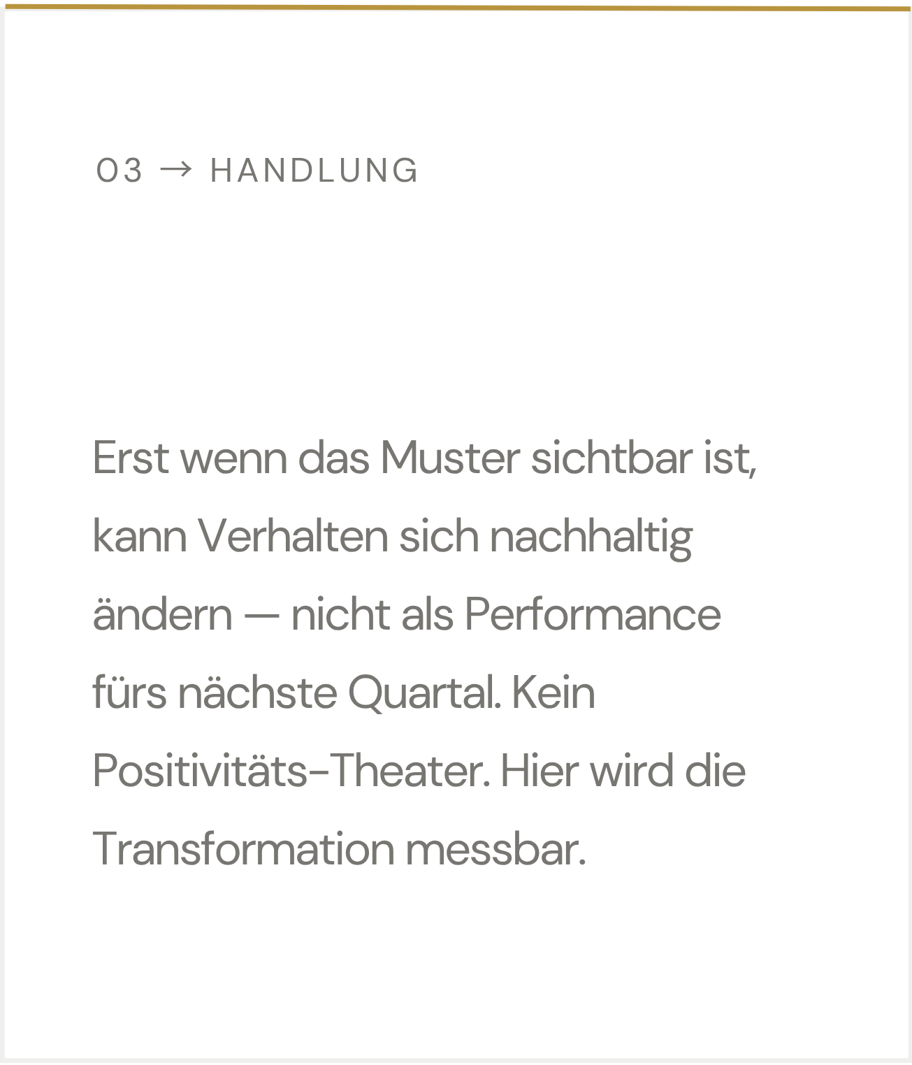 Erst wenn das Muster sichtbar ist, kann Verhalten sich nachhaltig ändern — nicht als Performance fürs nächste Quartal. Kein Positivitäts-Theater. Hier wird die Transformation messbar.