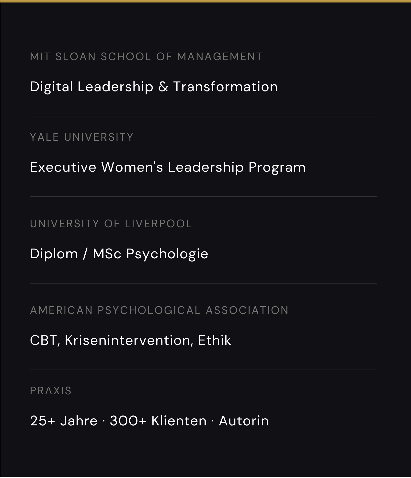 Diplom / MSc Psychologie, Yale University, 25+ Jahre · 300+ Klienten · Autorin, Transformation