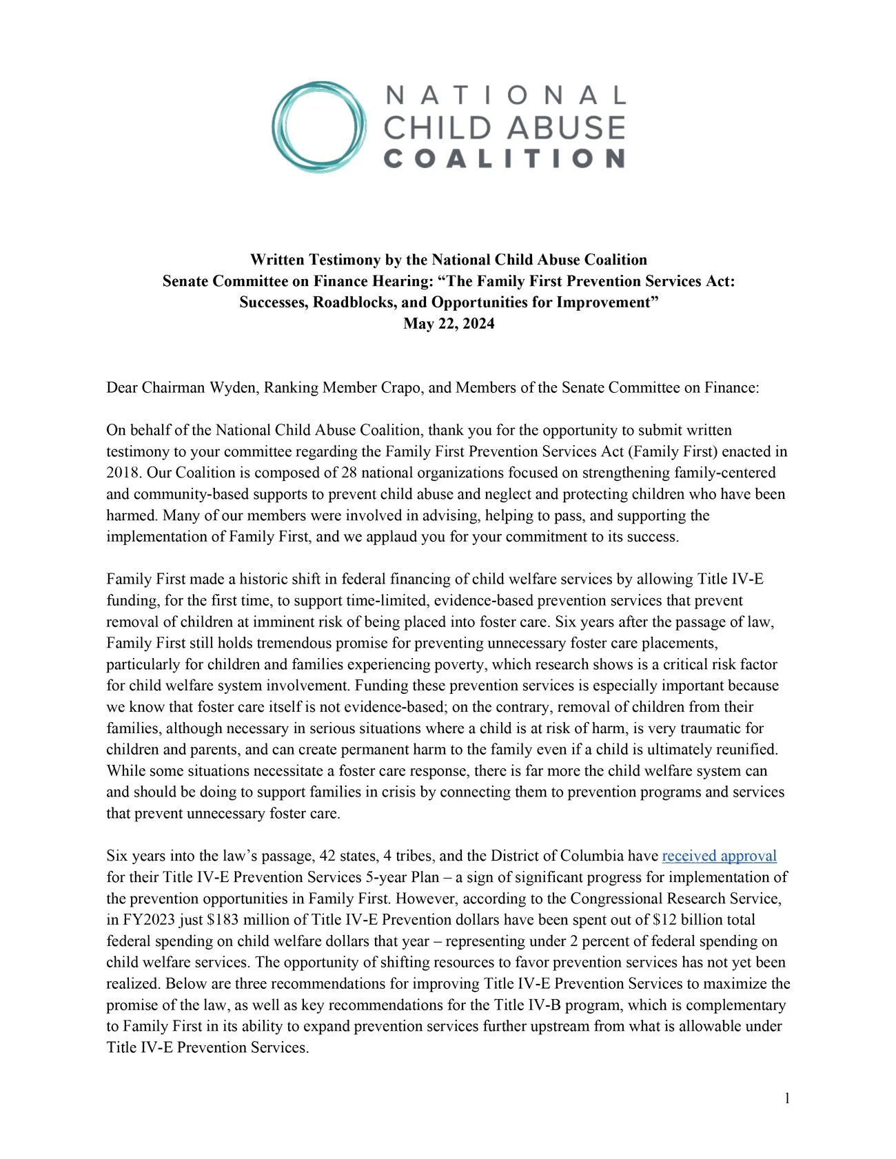 Comments to the Senate Finance Committee on the Family First Prevention Services Act