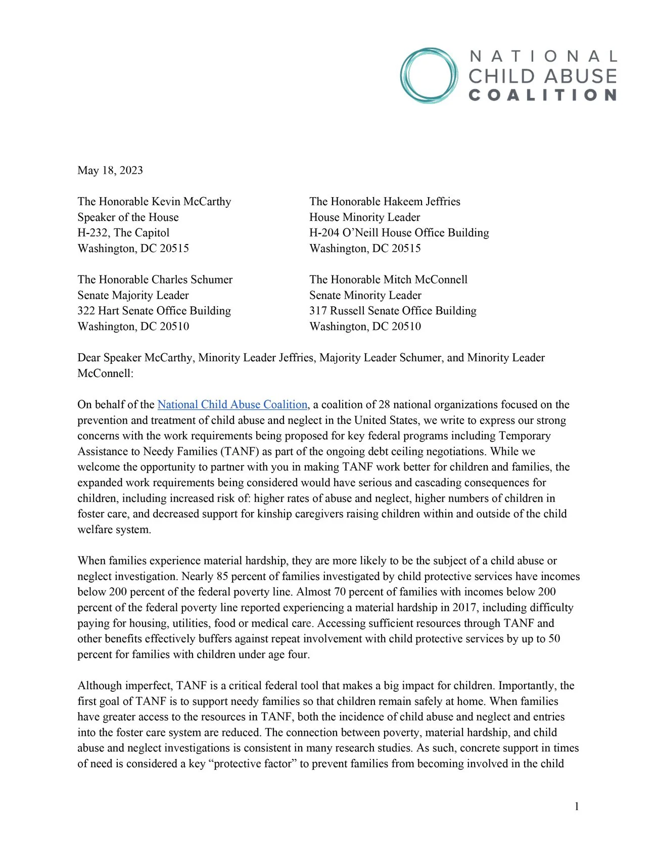 Letter to Congressional Leadership on TANF Work Requirements