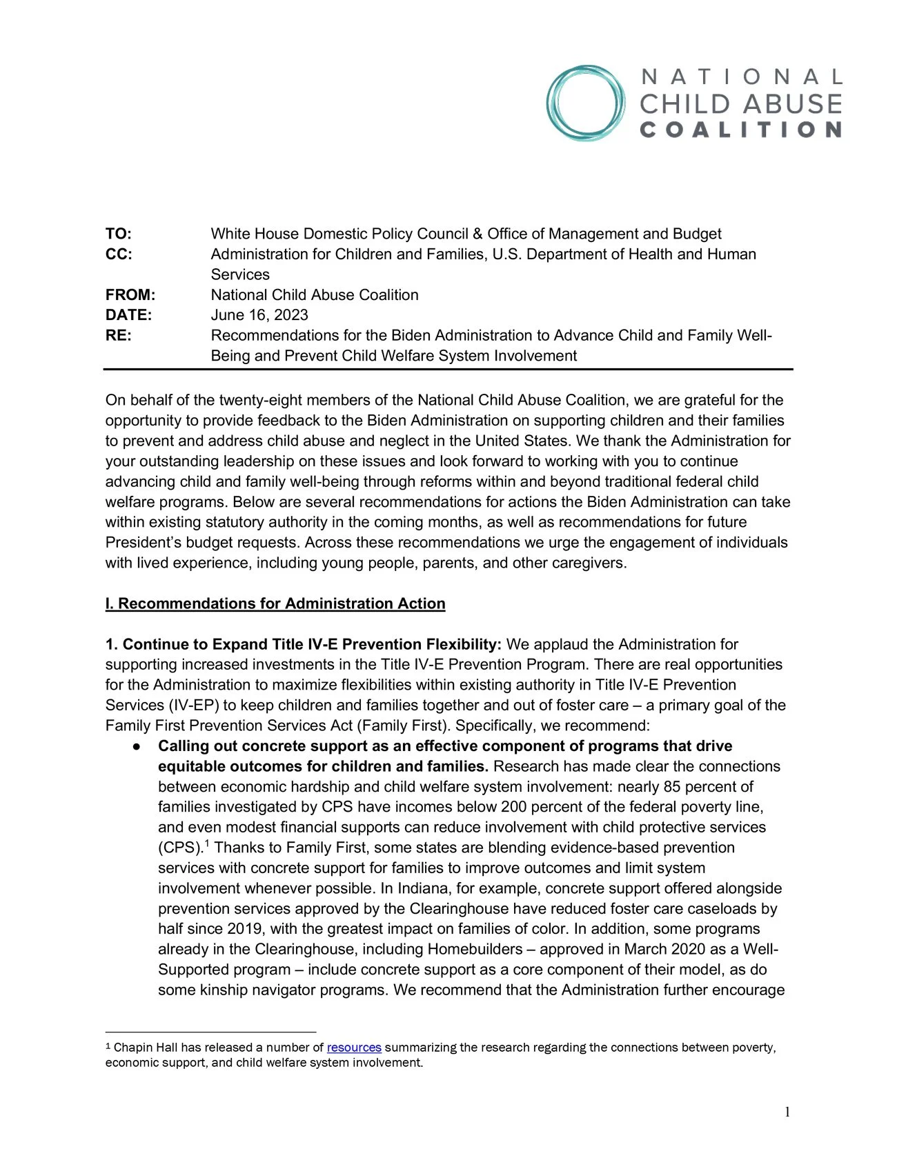 Recommendations to the Biden Administration to Advance Child and Family Well-Being and Prevent Child Welfare System Involvement