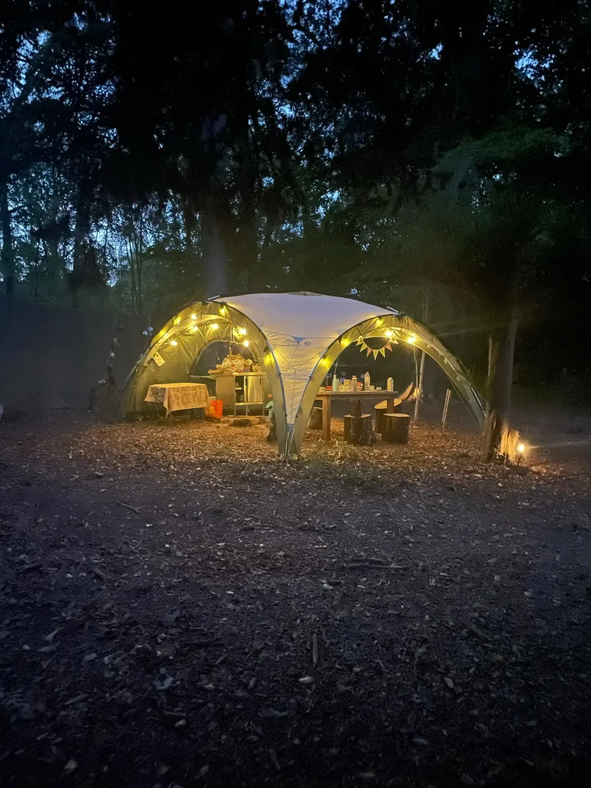 Communal field kitchen lit up at night in woodland glamping site