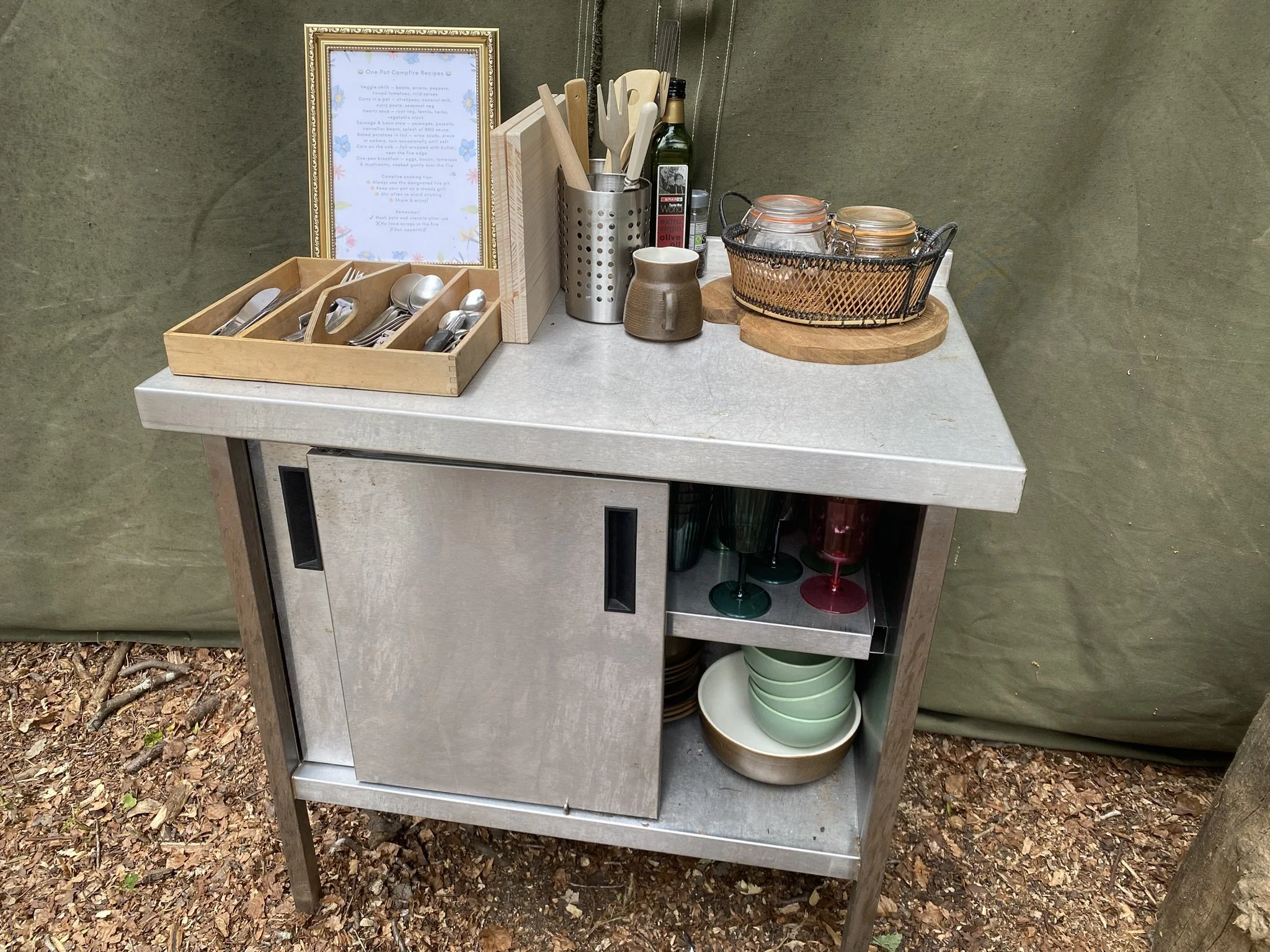 Cutlery, utensils and supplies in the field kitchen at The Grove