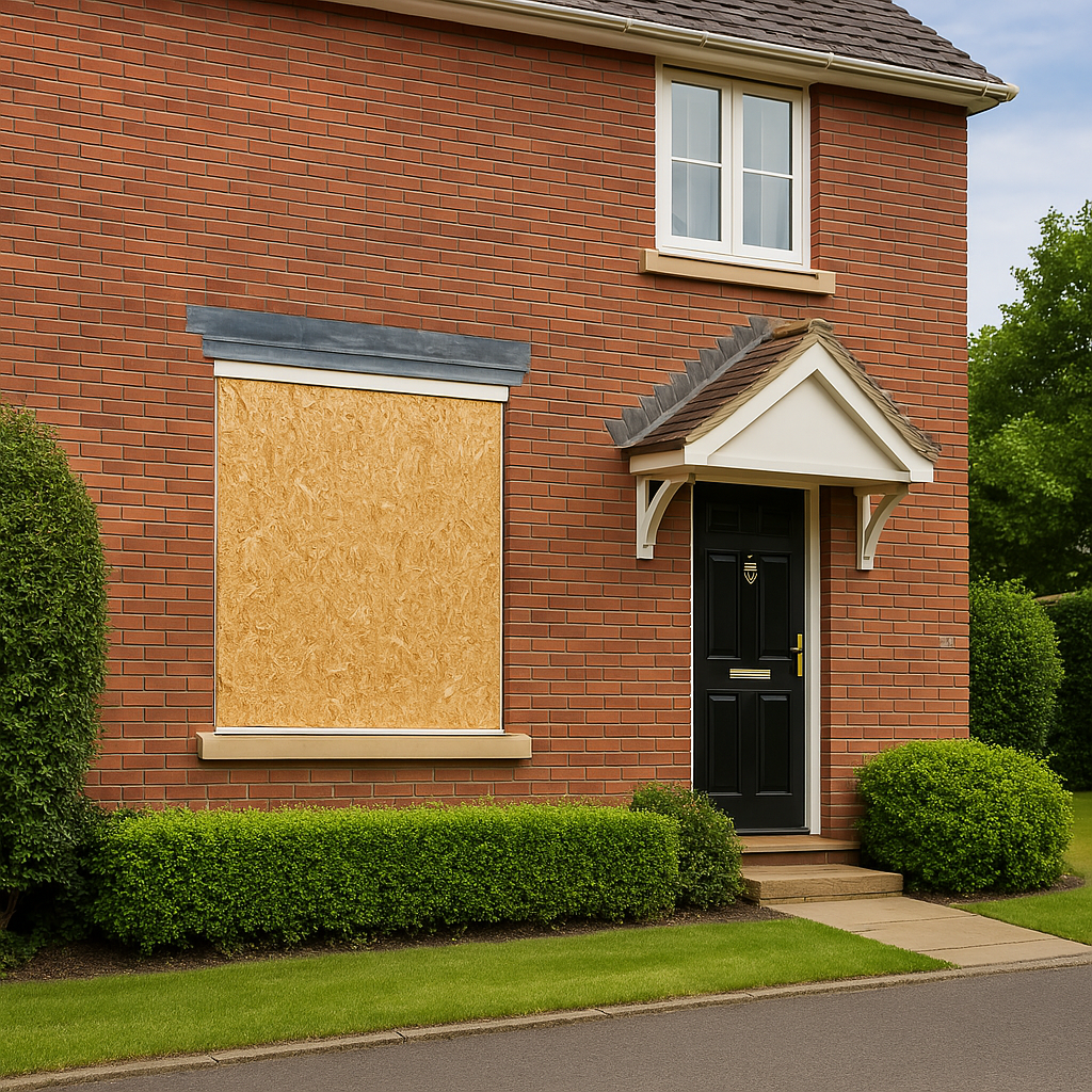 Property with broken window secured using emergency boarding up in Surrey