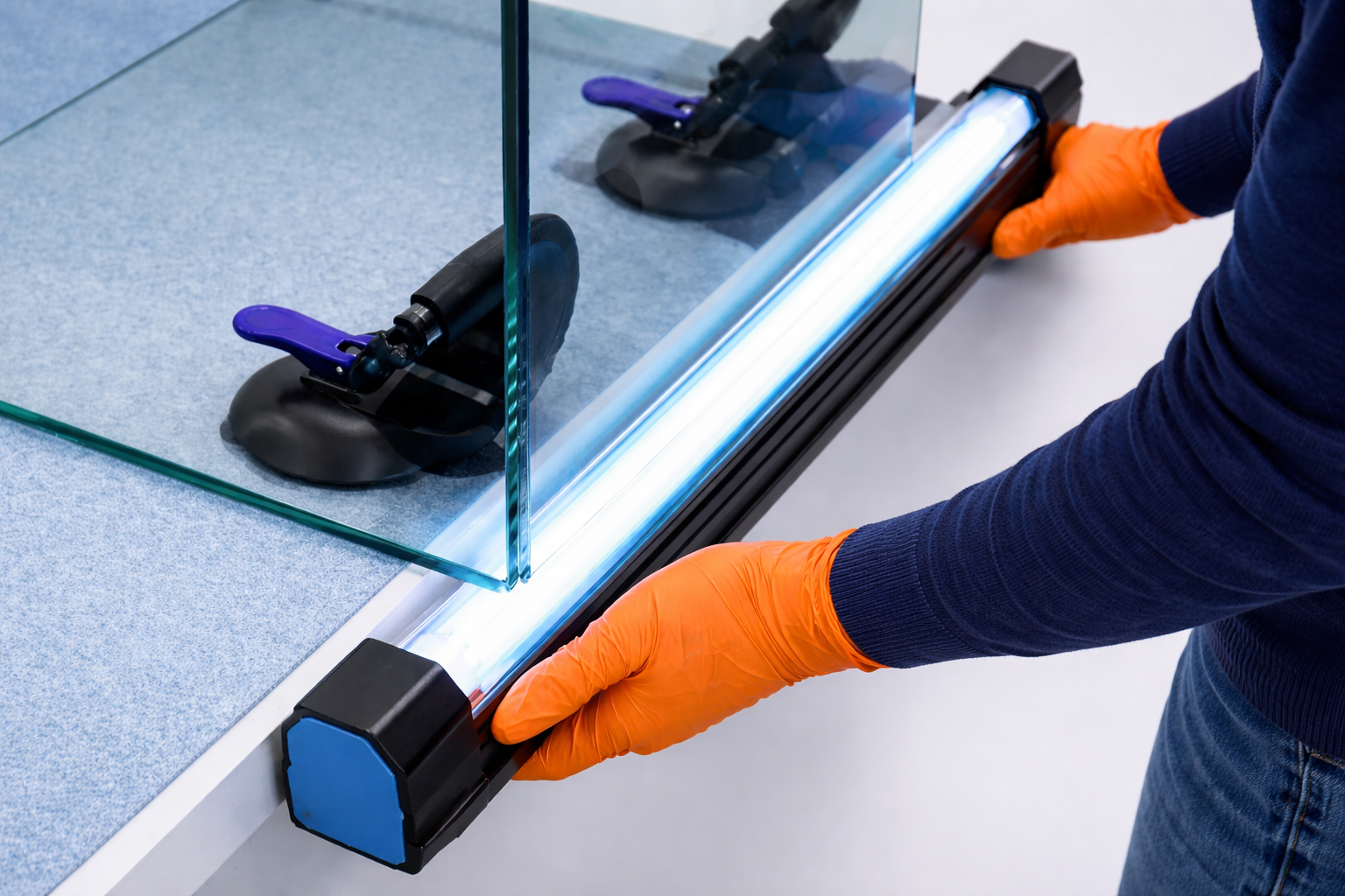 UV strip light curing adhesive during professional glass UV bonding process with glazier joining clear glass panels at right angle