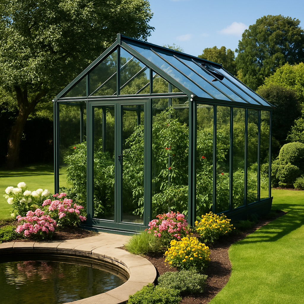 A glass greenhouse in a garden, surrounded by colorful flowers and green grass, with trees in the background and a small pond in the foreground.