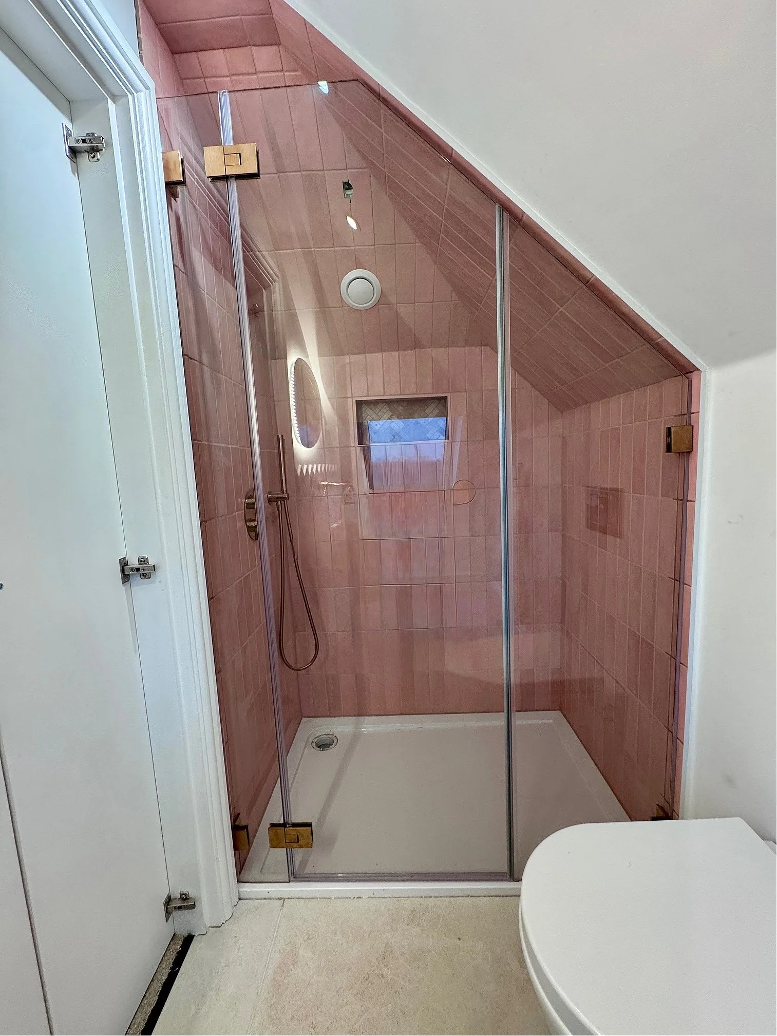 Luxclear Glass Shower Screen Installation with Brushed Rose Brass Fittings in Claygate