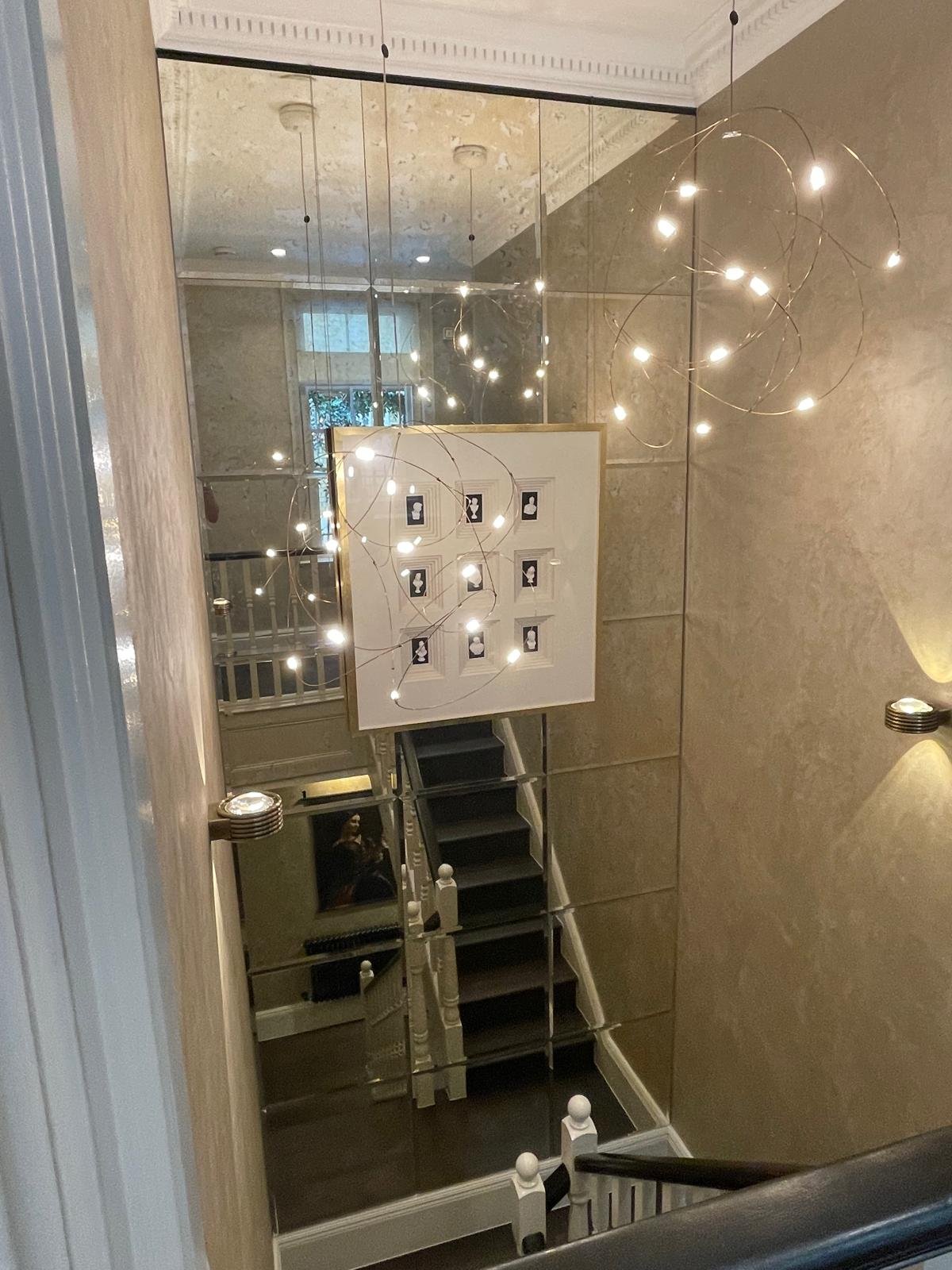 Bevelled Antique Mirror Staircase Installation in Queen’s Gate, London 30mm Bevel Antique Mirror Panels Supplied &amp; Fitted for Luxe