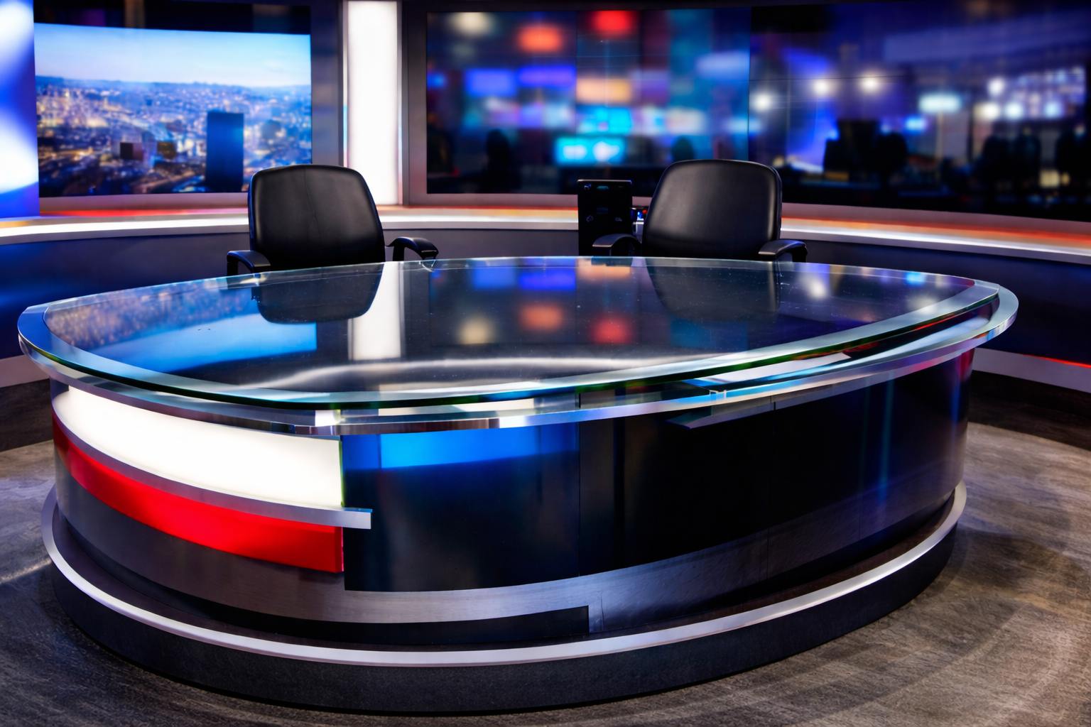 Bespoke toughened glass table top fitted to news desk in broadcast TV studio