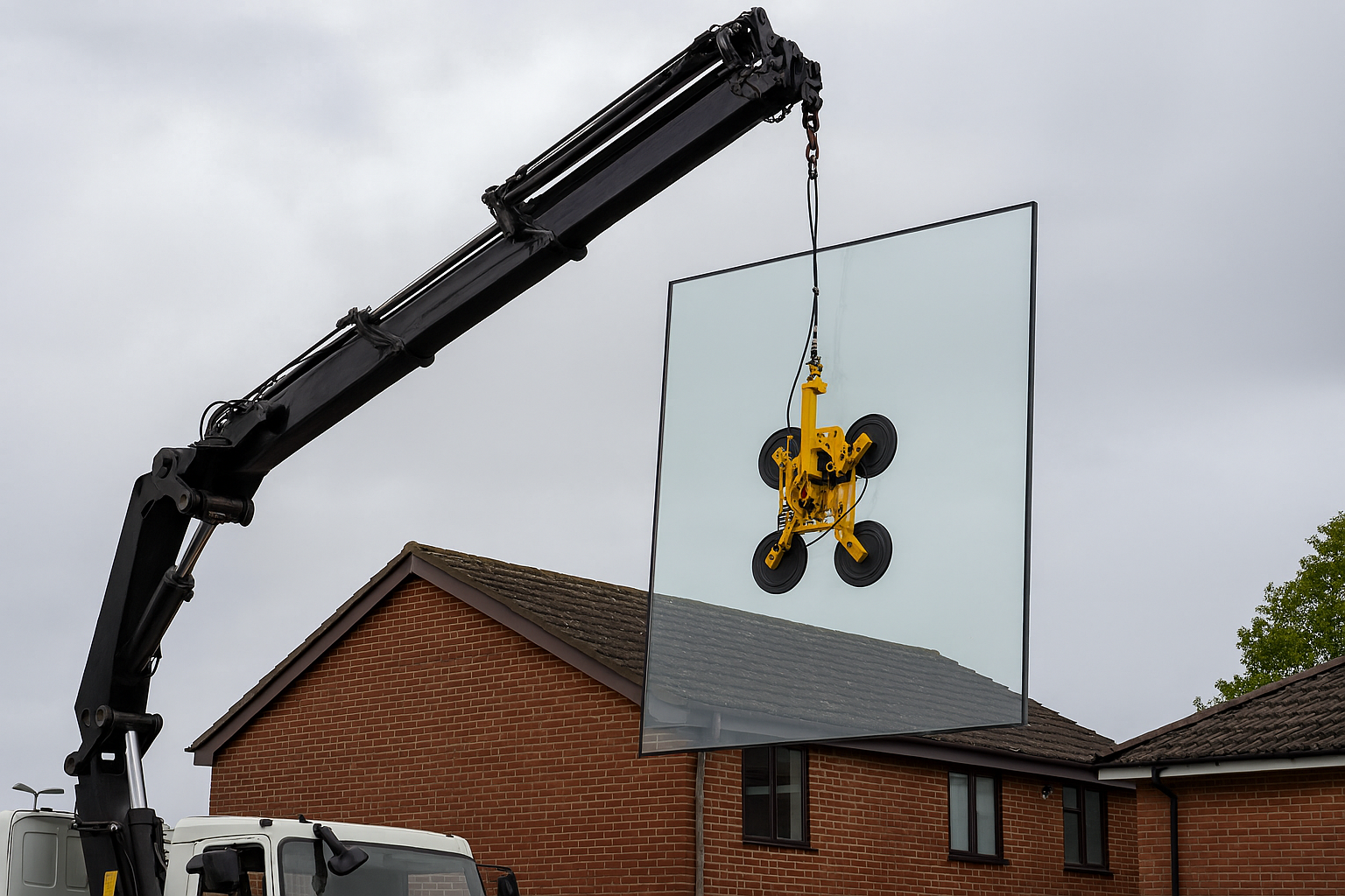 Glass panel being lifted into position using HIAB crane, MEWP platform and suction lifting equipment