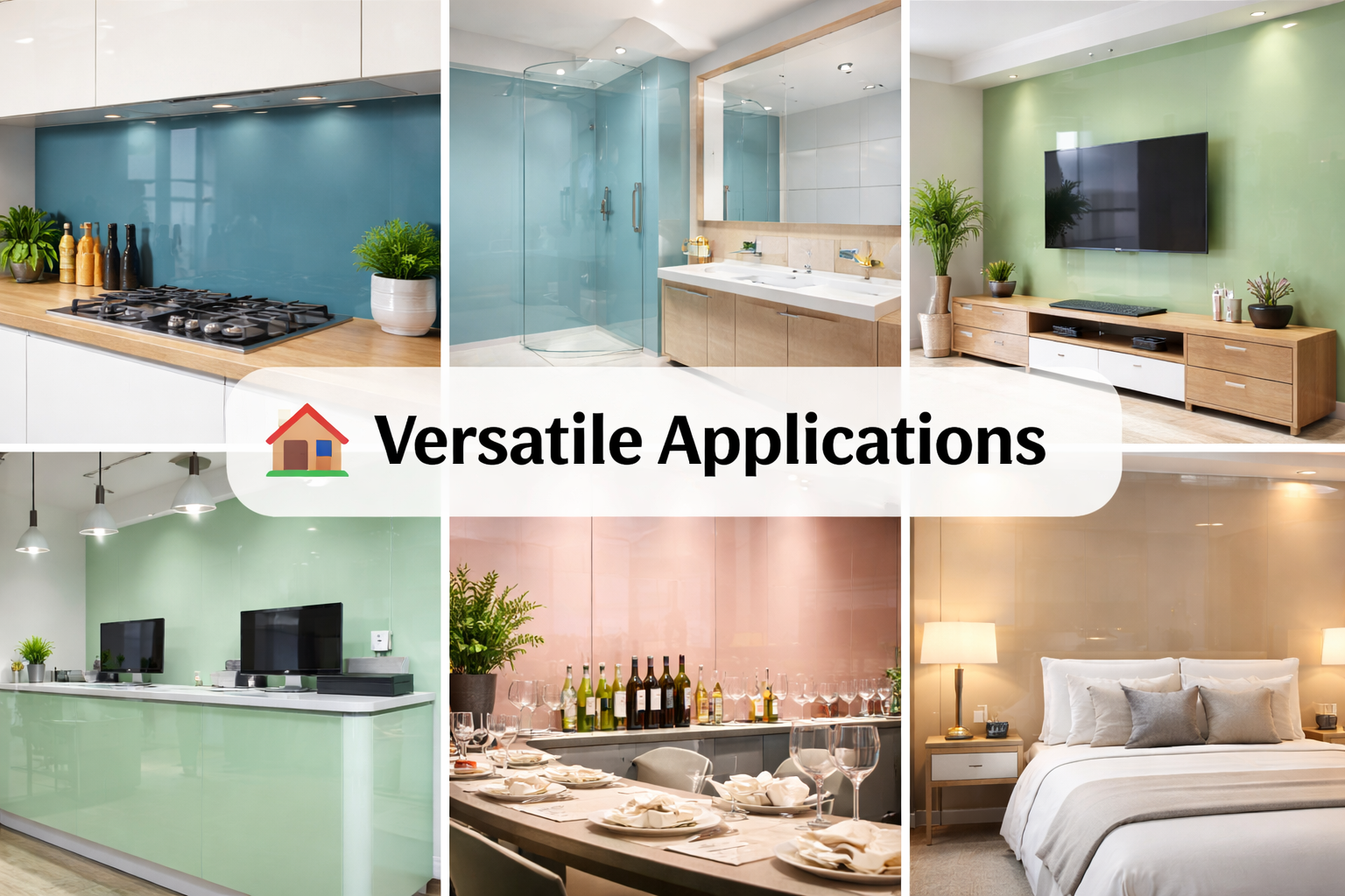 Back painted glass splashbacks and wall panels installed in kitchens bathrooms living rooms offices restaurants and hotels demonstrating versatile interior glass applications by Hamilton Glass Products