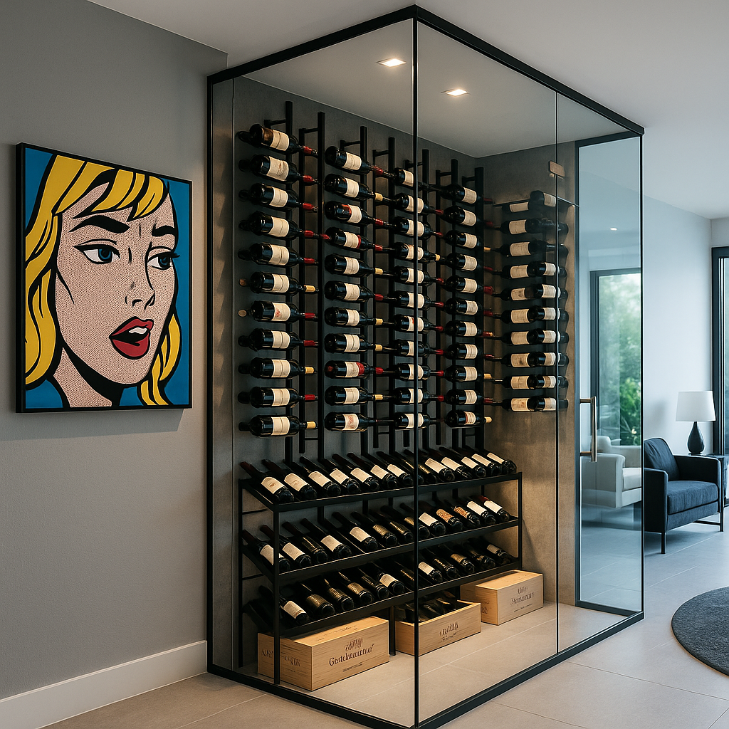 Frameless glass wine room with lockable access, installed as a modern feature in a high-end interior space. surrey
